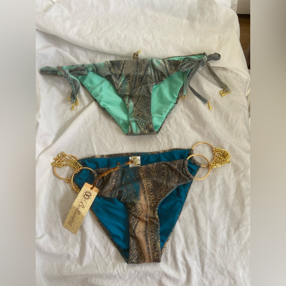 Bellissima Luxury Bikini Bottoms Teal & Bronze Feather Print Side Tie Size L NEW - Picture 2 of 16